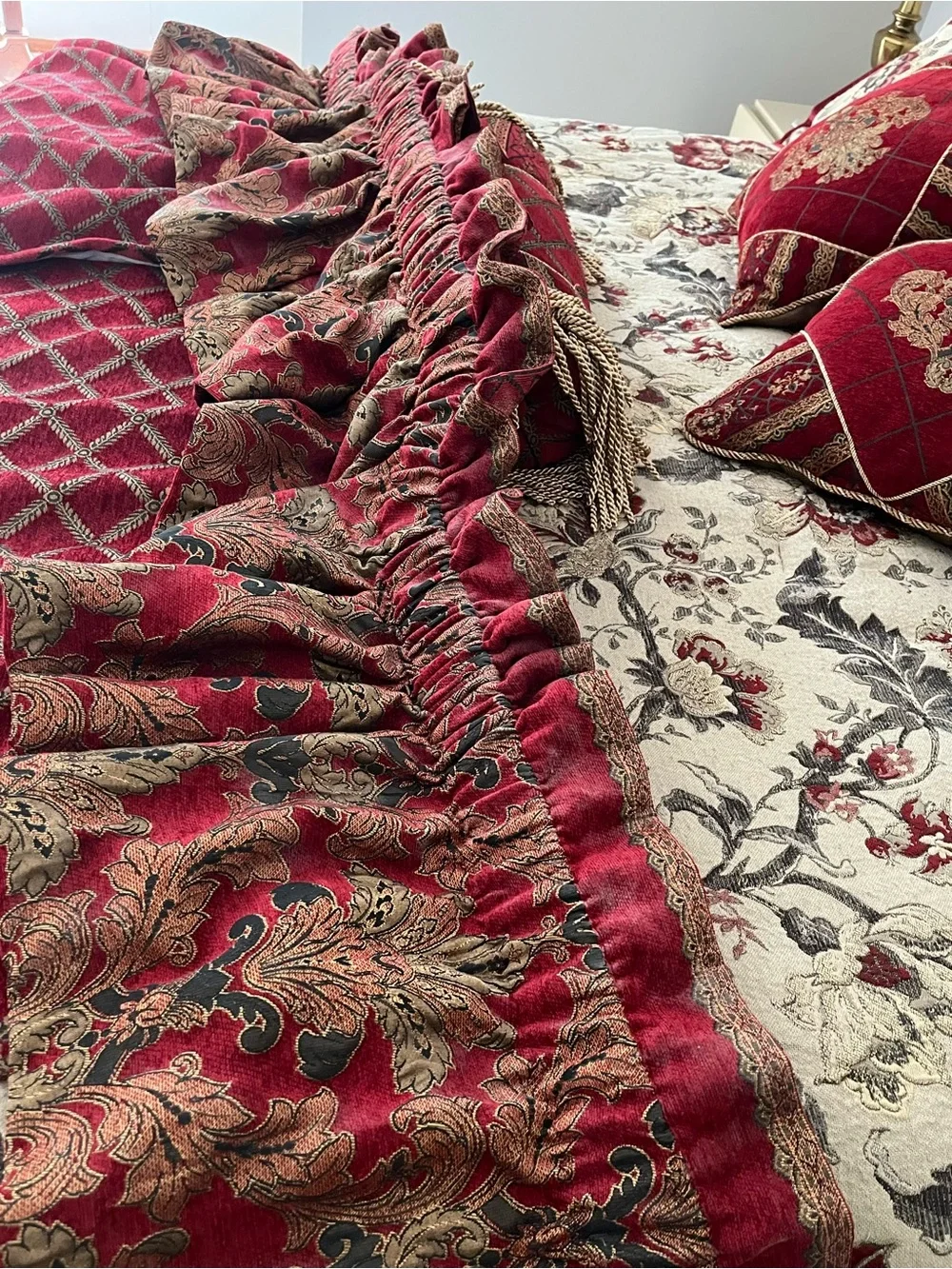 Belle Fleur Comforter Set in Beige and Burgundy- reversible w/ curtains to match
